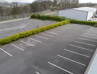 Lined car park beside hedge